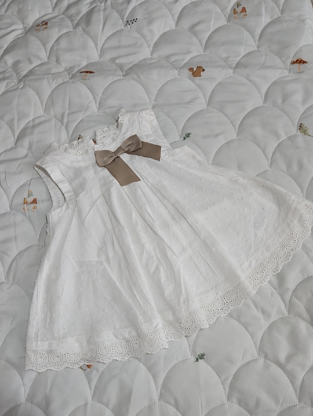 Classic White Swiss Dot Baby Dress with Taupe Bow